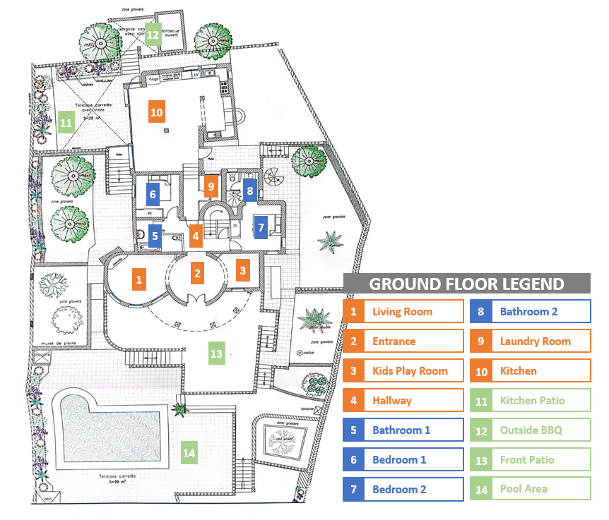 The ground floor includes a living room, a large kitchen area, a playroom for children, 2 bedrooms and 2 bathrooms. Outside, there is obviously the pool area and a variety of lounging areas around the house.